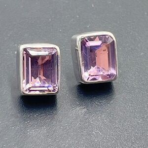Lori Bonn Sterling Silver Rectangular Faceted Bezel‎ Amethyst Stud Earrings